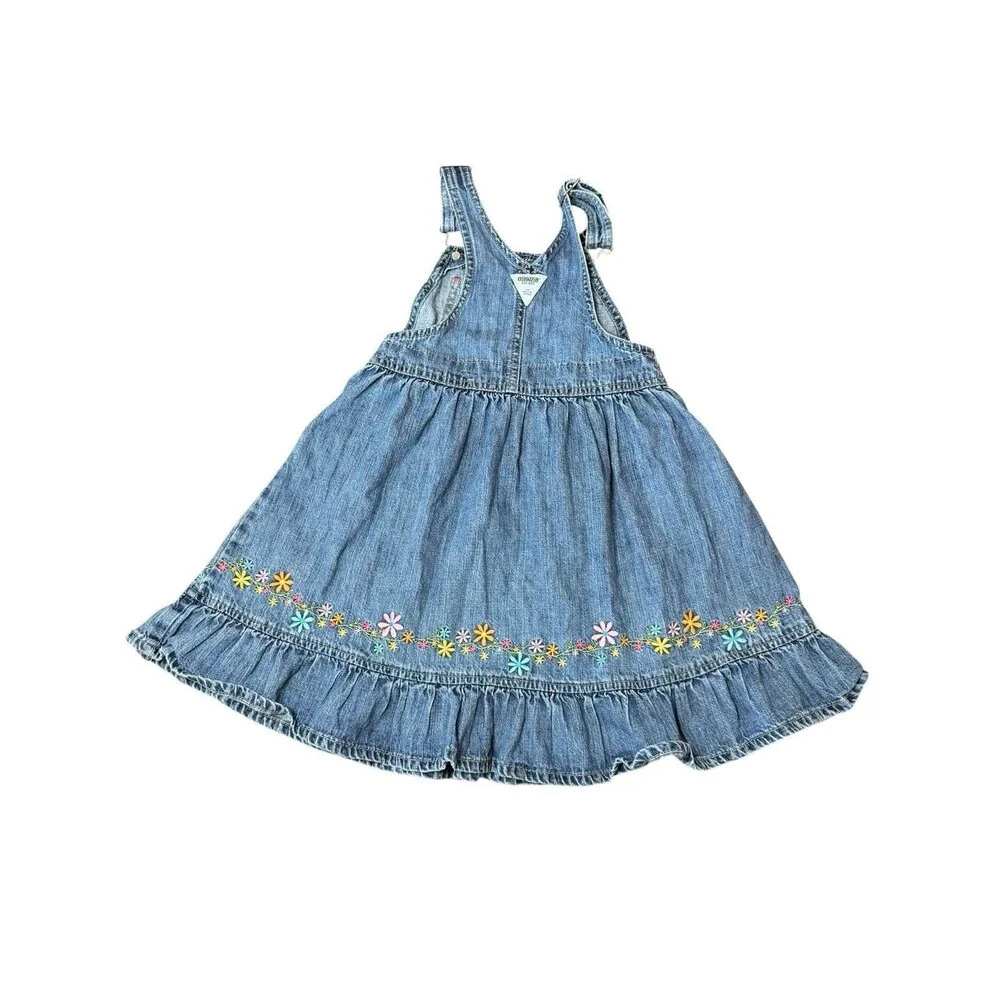 OshKosh Girls Denim Dress Overalls Embroidered Floral Blue Size 4 Spring Summer